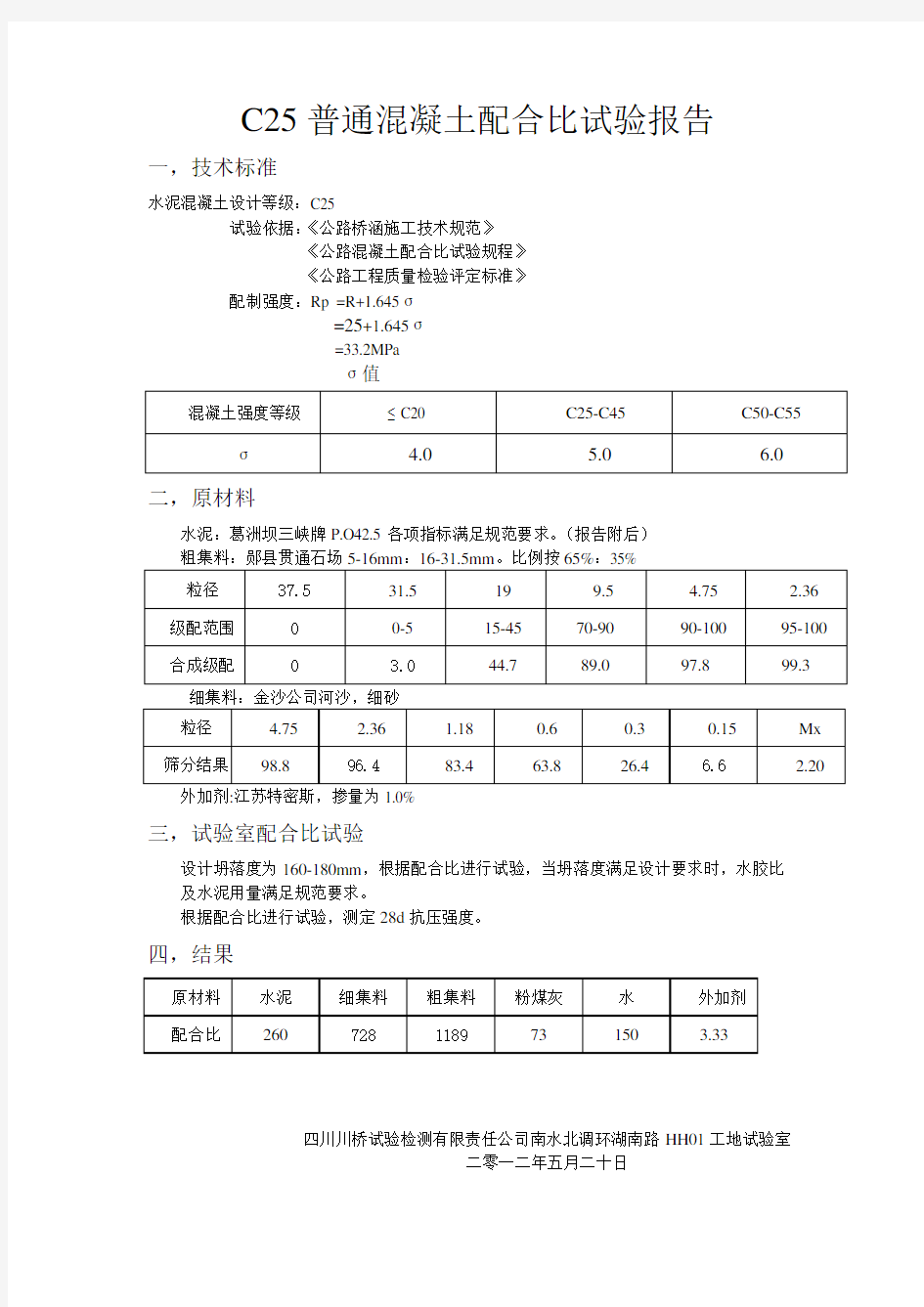 C25普通混凝土配合比试验报告