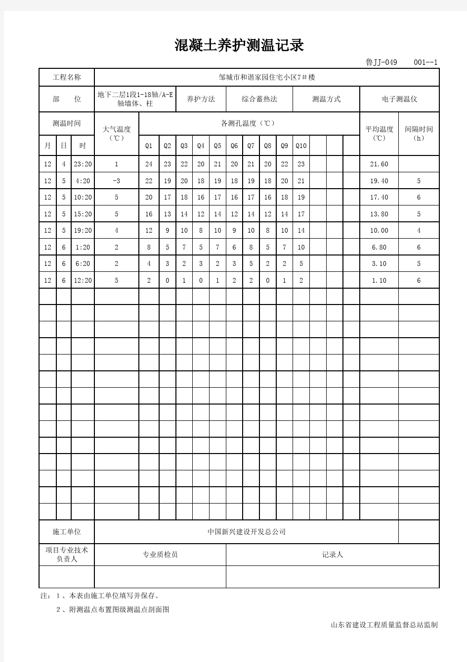 混凝土养护测温记录填写范例砼养护测温