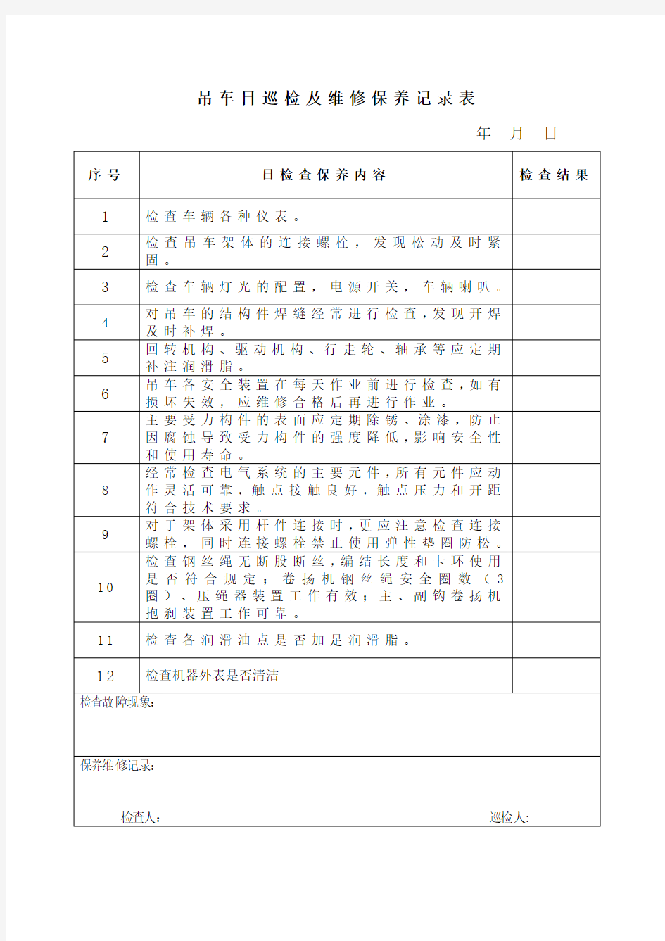 吊车日巡检及维修保养记录表