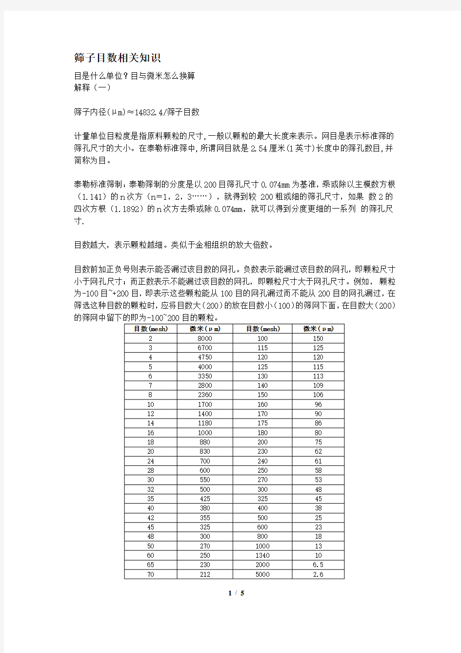 标准筛孔径与目数