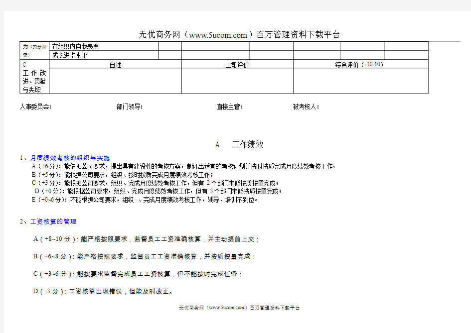 人力资源主管月度绩效考核表