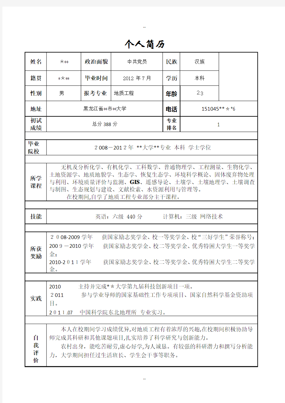 考研联系导师-个人简历及陈述