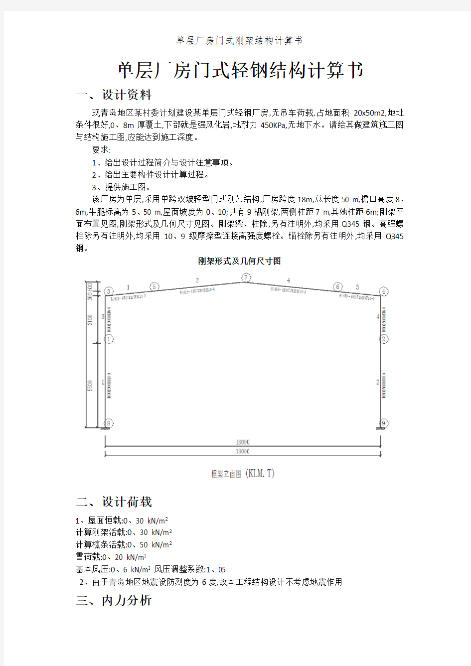 单层厂房门式刚架结构计算书