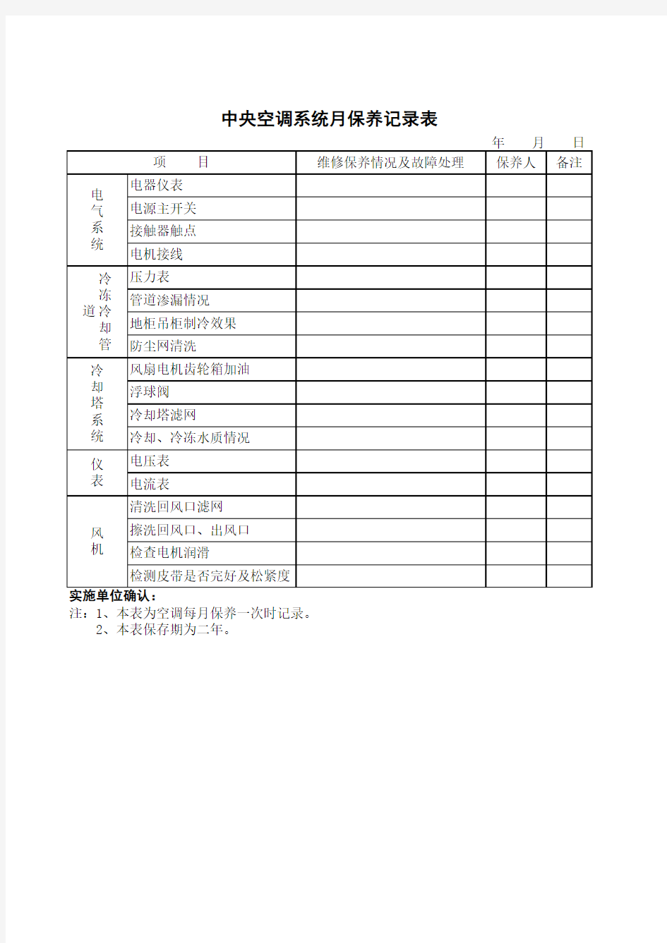 中央空调系统月保养记录表