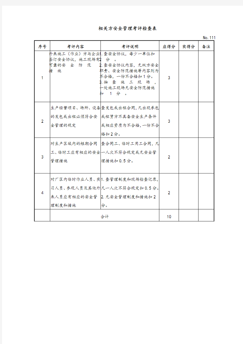 相关方安全管理考评检查表