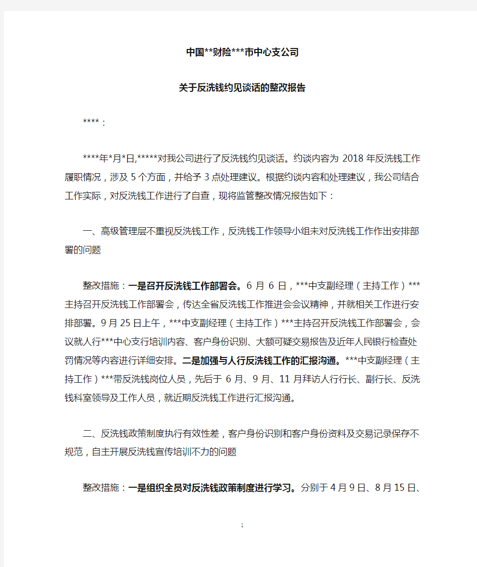 保险公司反洗钱约见谈话的整改报告1