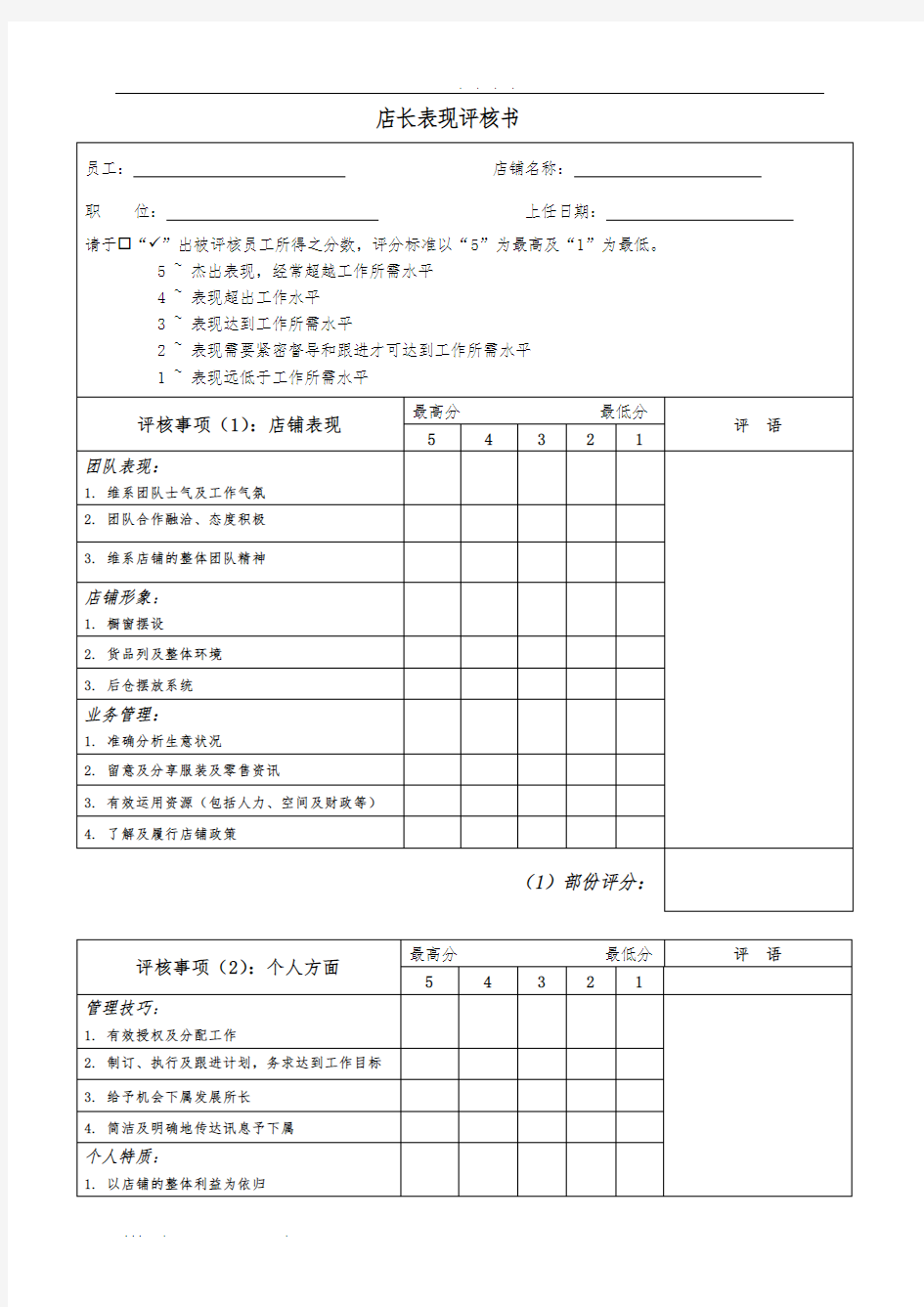 店铺店长、店员考核表