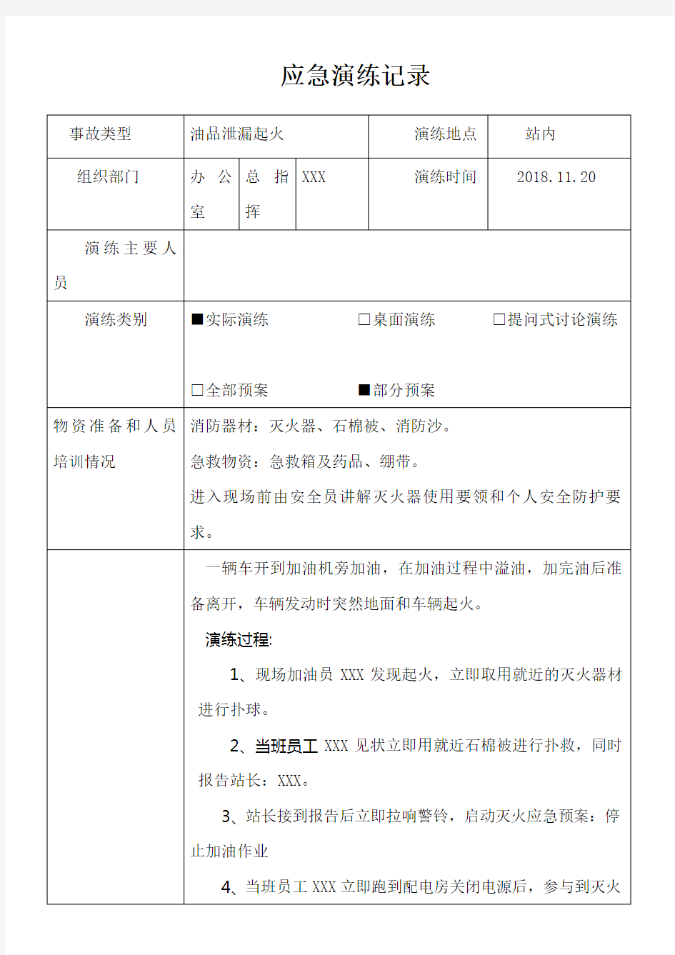 XX加油站应急预案演练记录(油品泄漏起火)