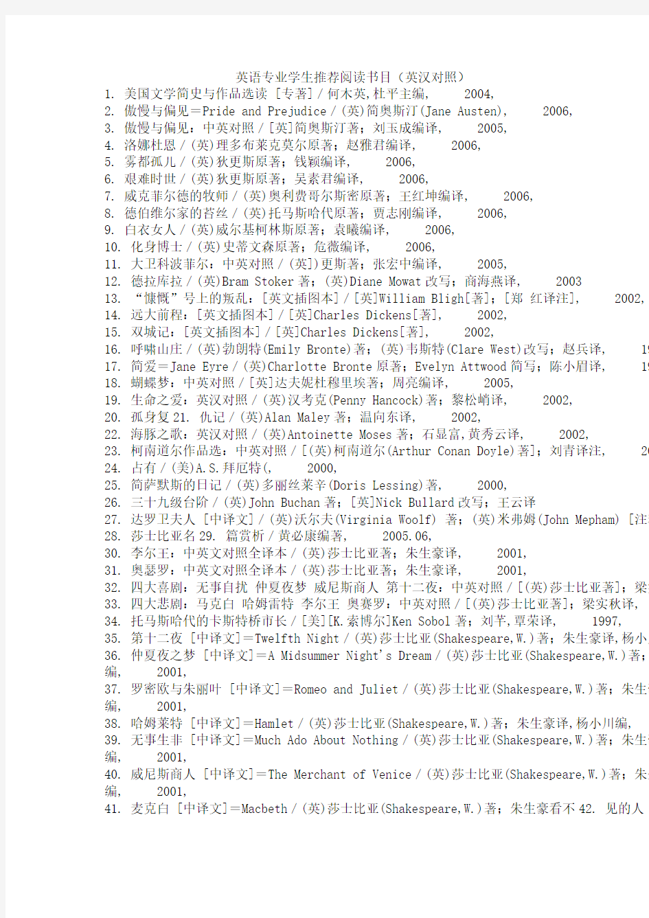 大学英语专业推荐阅读书目