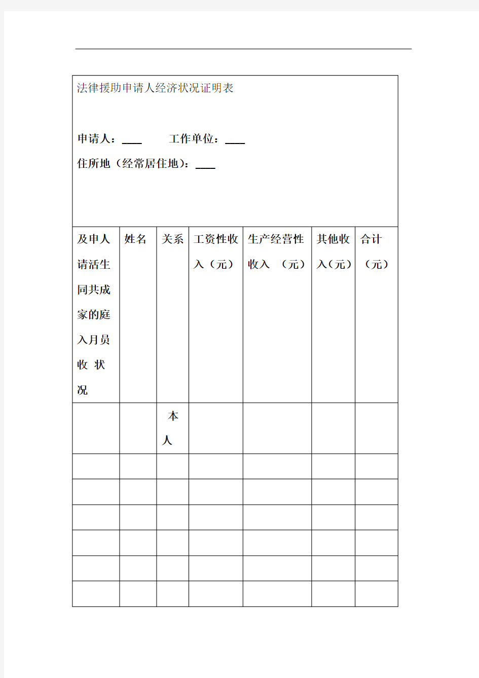 法律援助申请人经济状况证明表