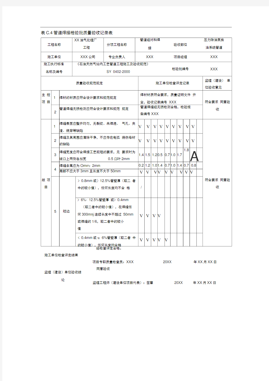 表C.4管道焊接检验批质量验收记录表