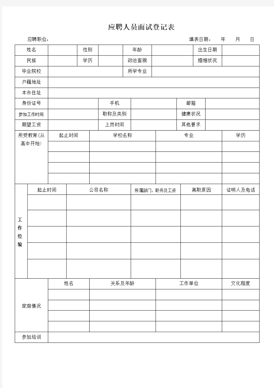 应聘人员面试登记表