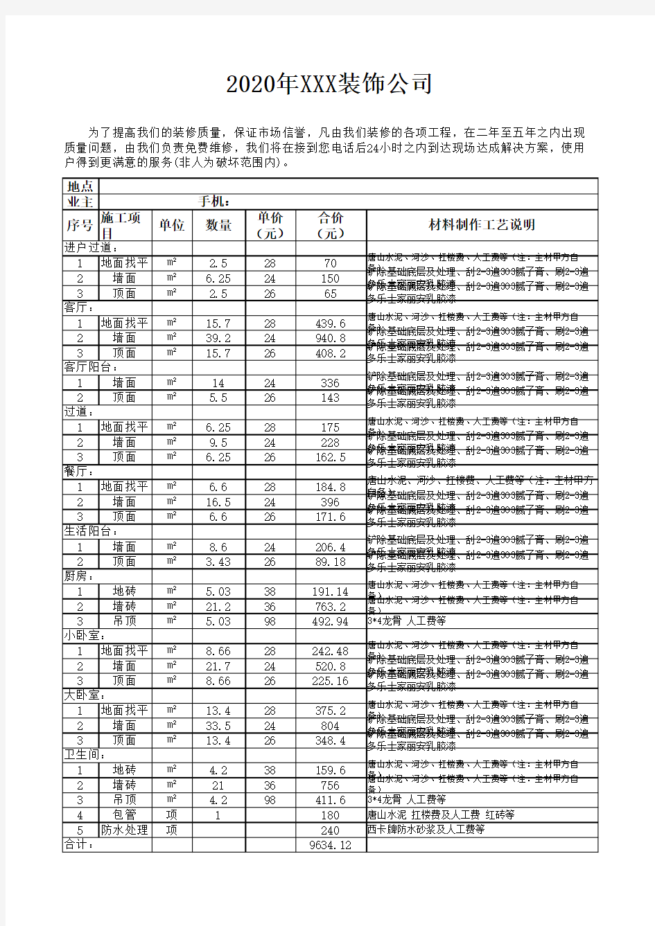 2020房屋装修爆款全包、半包预算报价表家装报价表 (1)