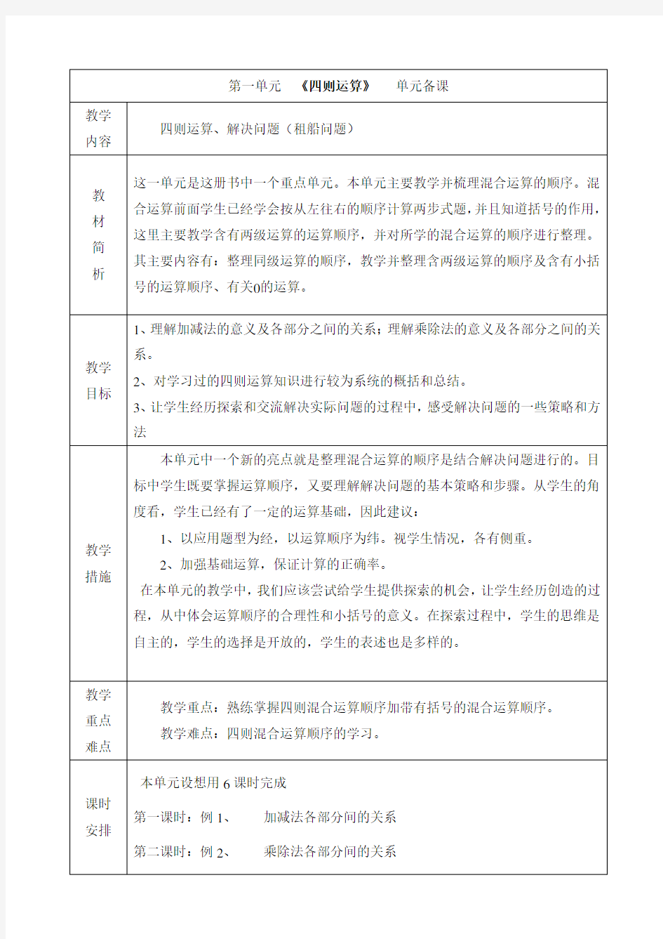 新人教版四下第一单元 《四则运算》全单元备课