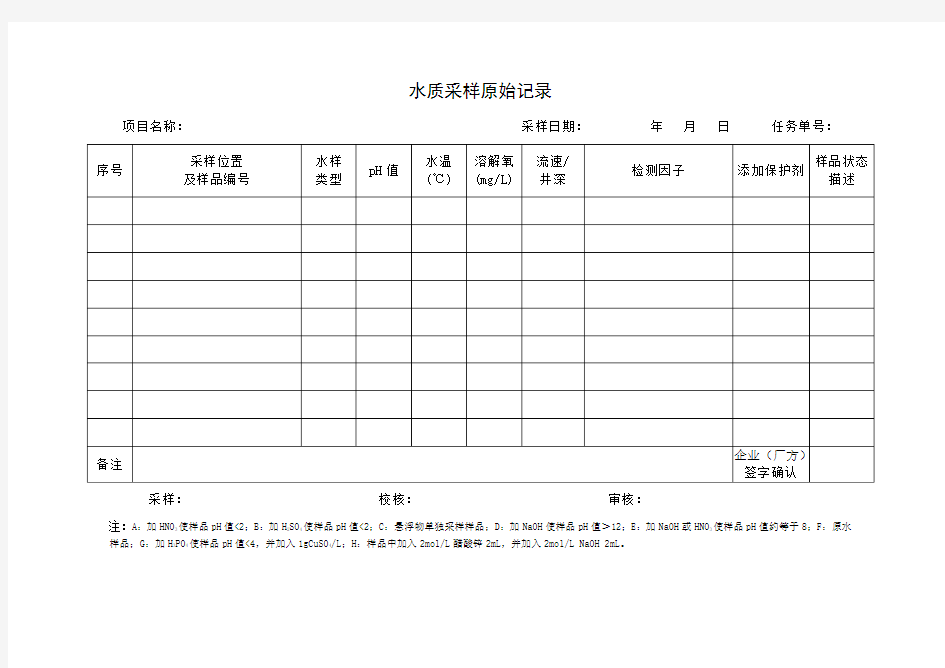 水质采样原始记录