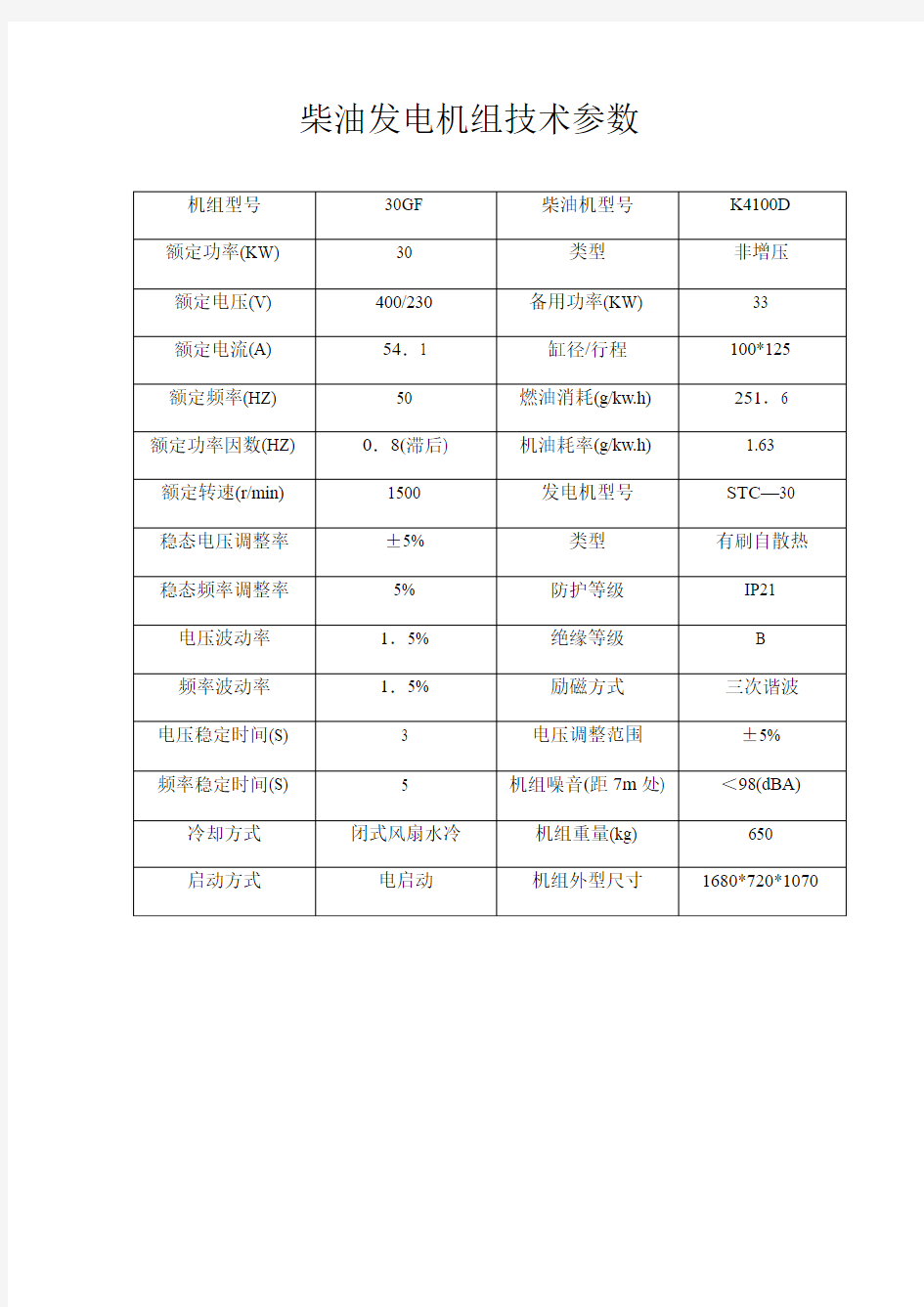 柴油发电机组技术参数(精)