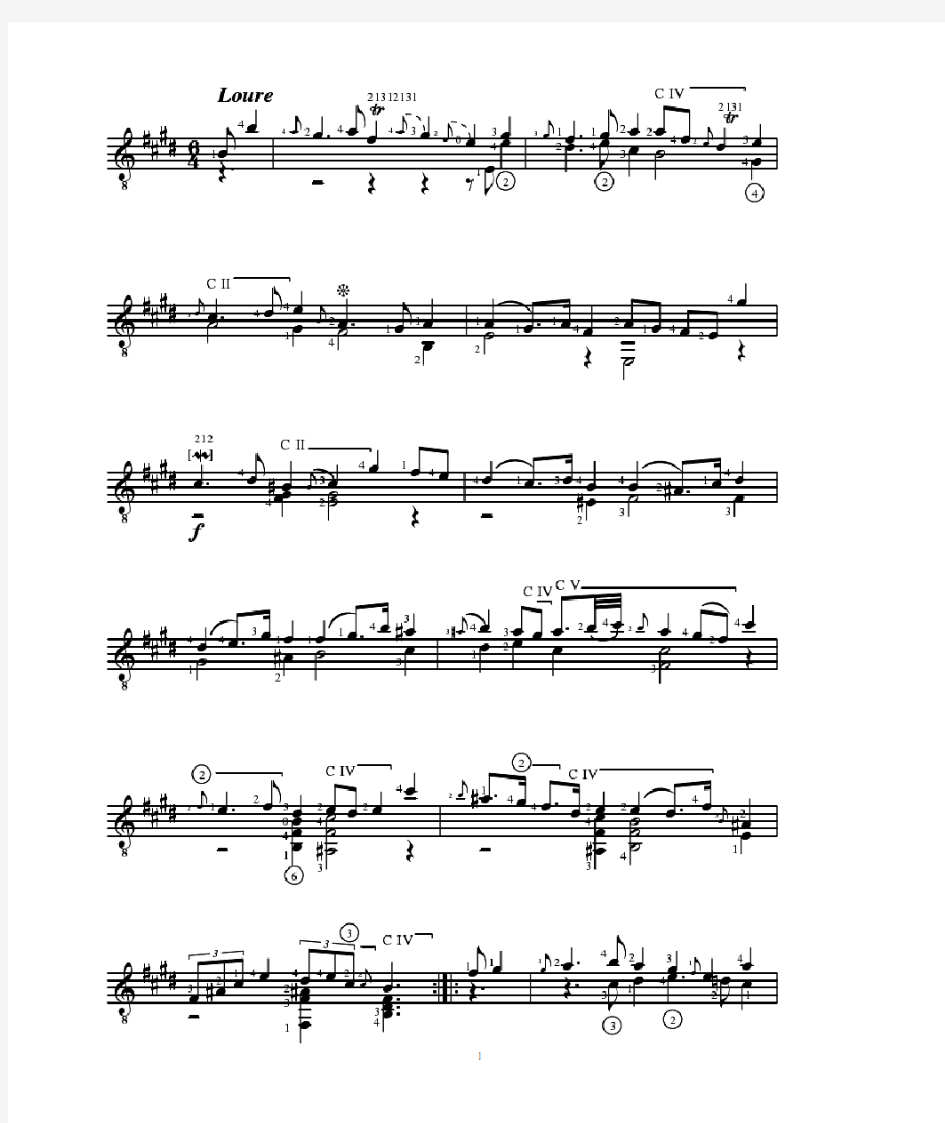 巴赫作品《 路尔舞曲》Loure,BWV1006a;J.S.Bach古典吉他谱