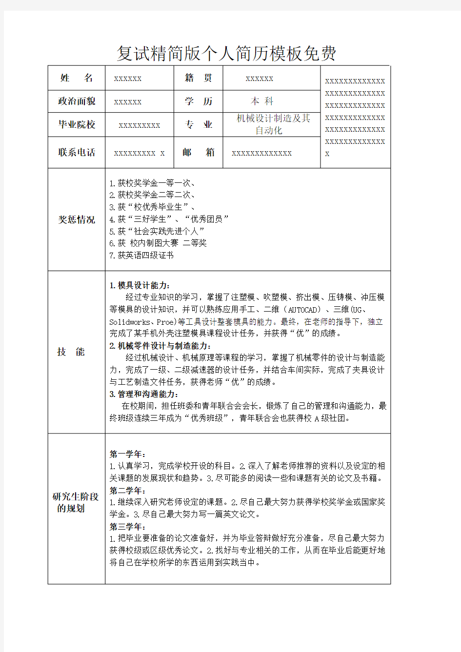 复试精简版个人简历模板免费