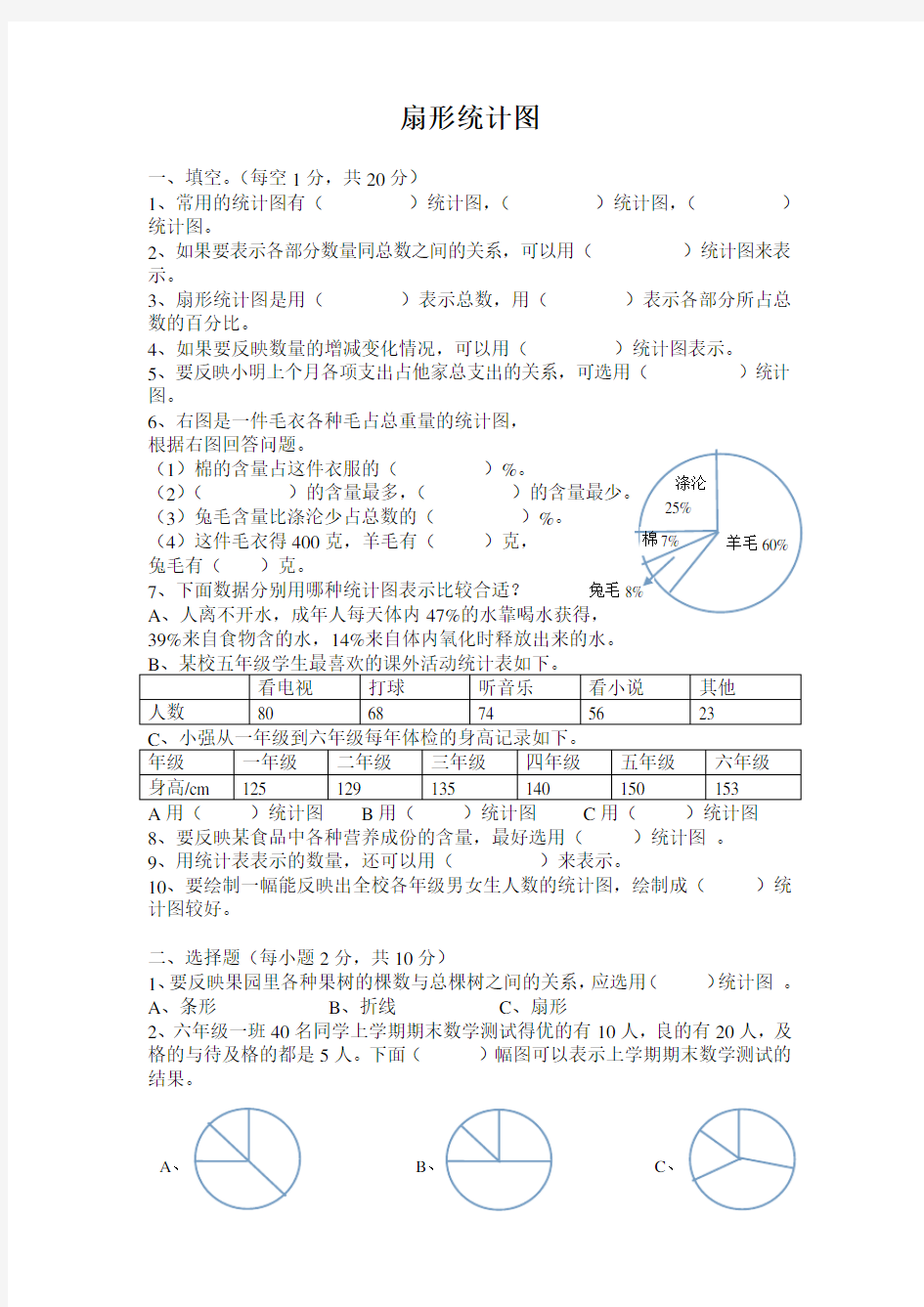 .扇形统计图单元测试题