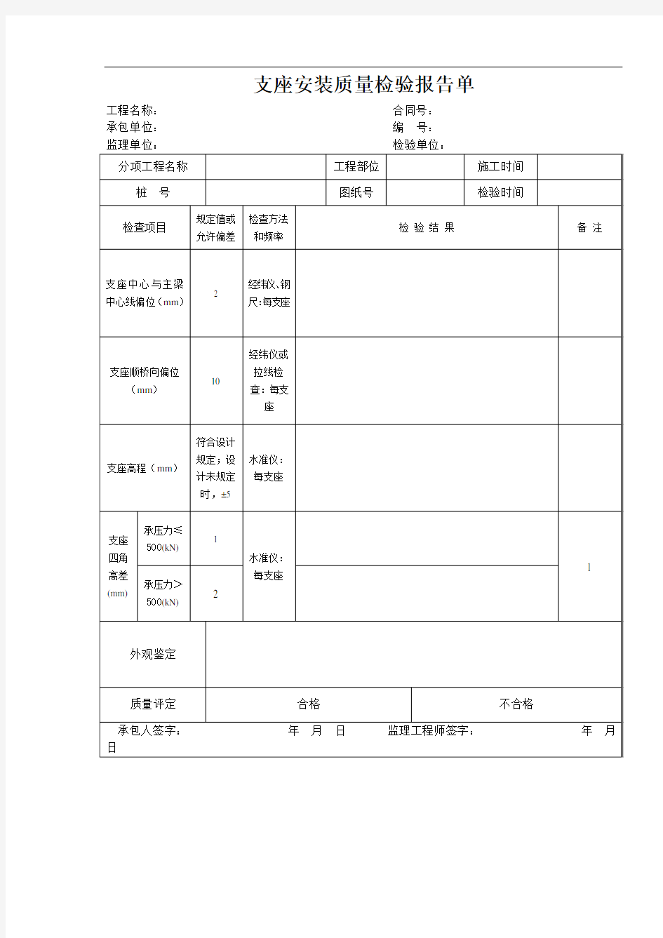 支座安装质量检验报告单(桥梁工程质量管理表单)