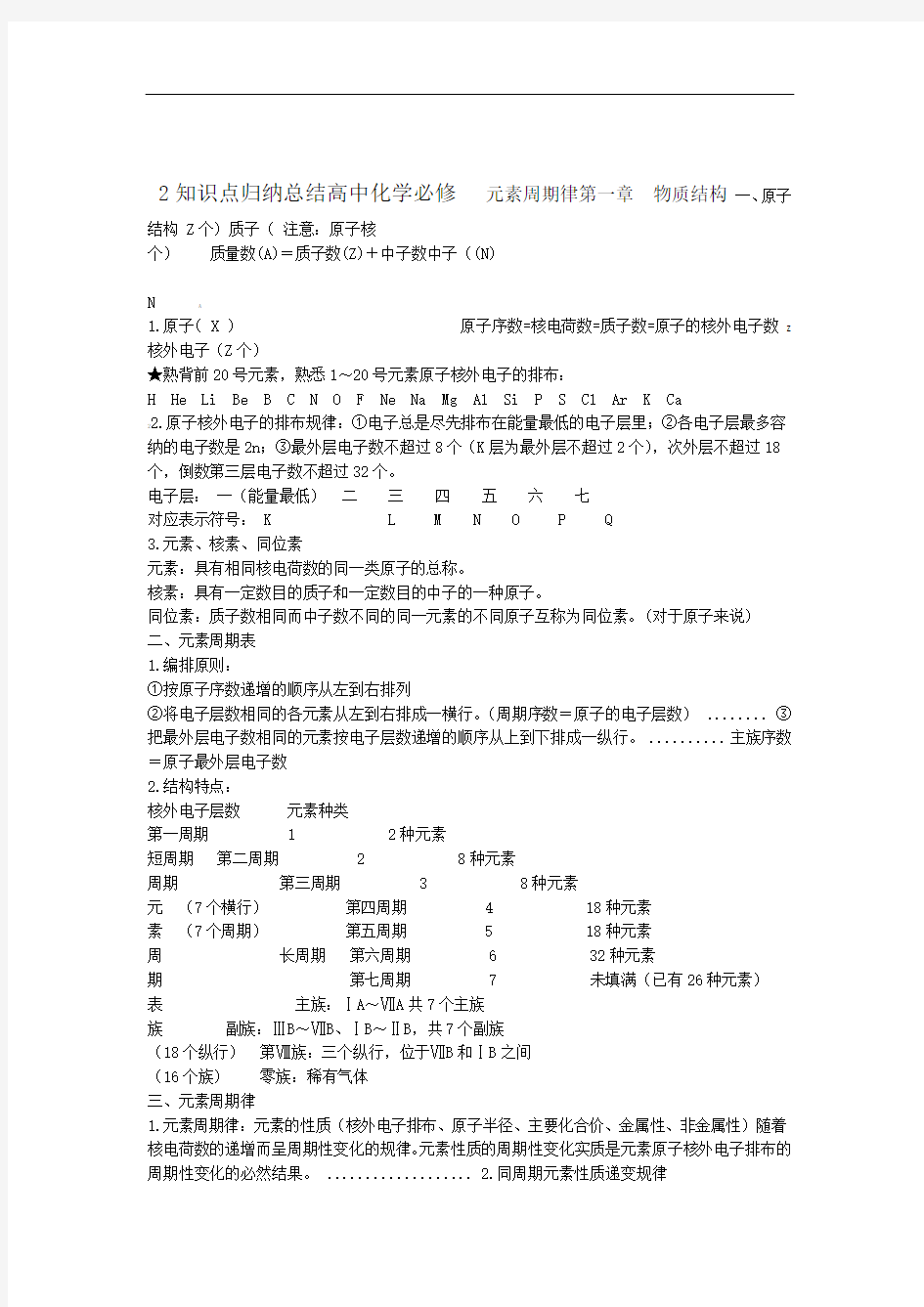 完整word版高中化学必修2知识点归纳总结律