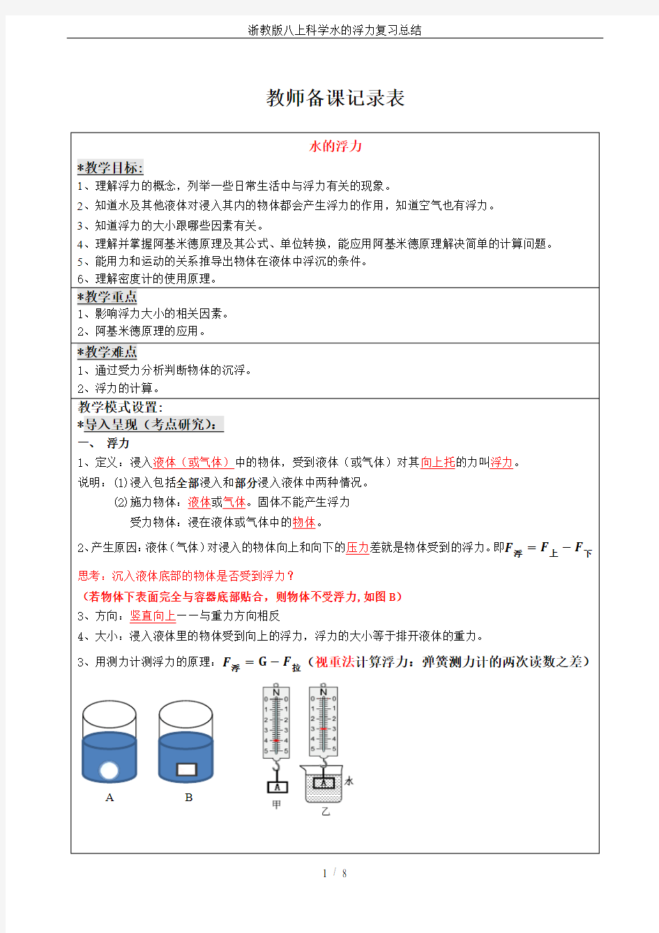 浙教版八上科学水的浮力复习总结