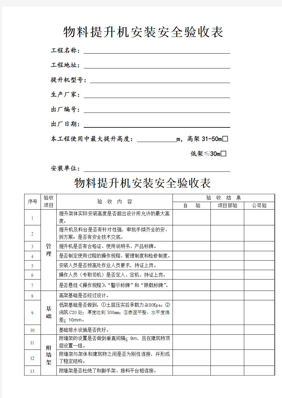 物料提升机安装安全验收表 (1)