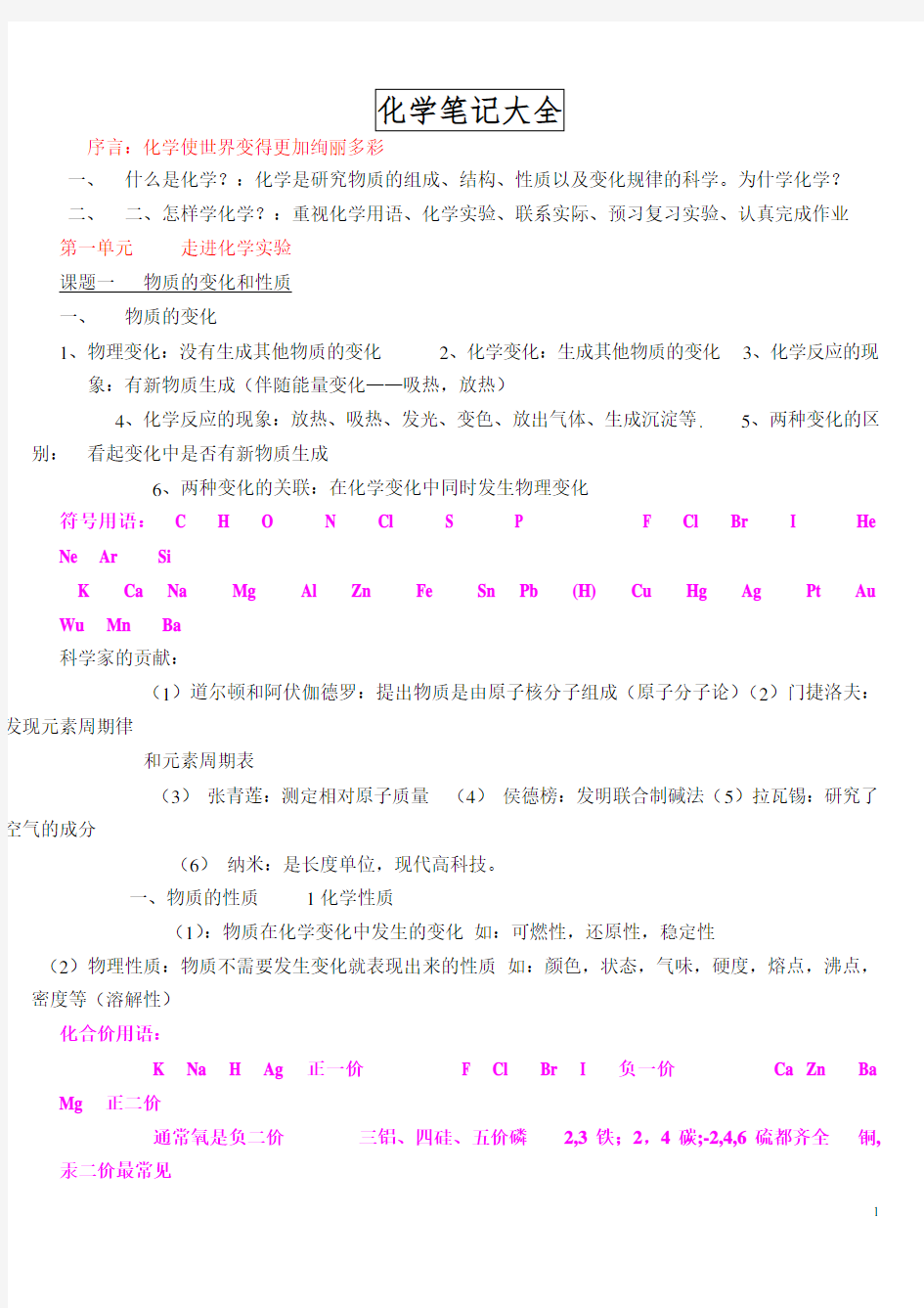 2018年中考化学状元笔记及知识点集(超强)