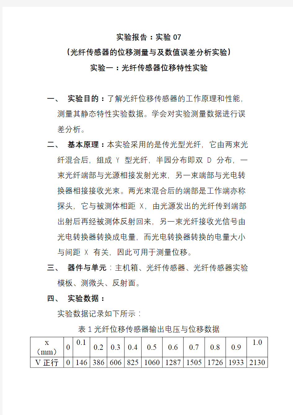 光纤传感器的位移测量与及数值误差分析实验