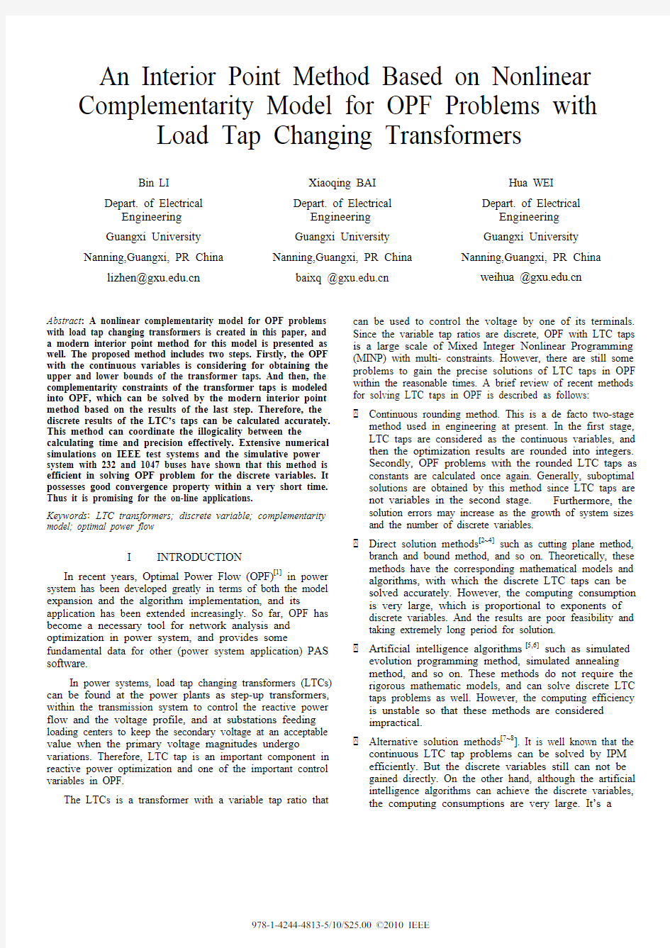 An Interior Point Method Based on Nonlinear Complementarity Model for OPF Problems