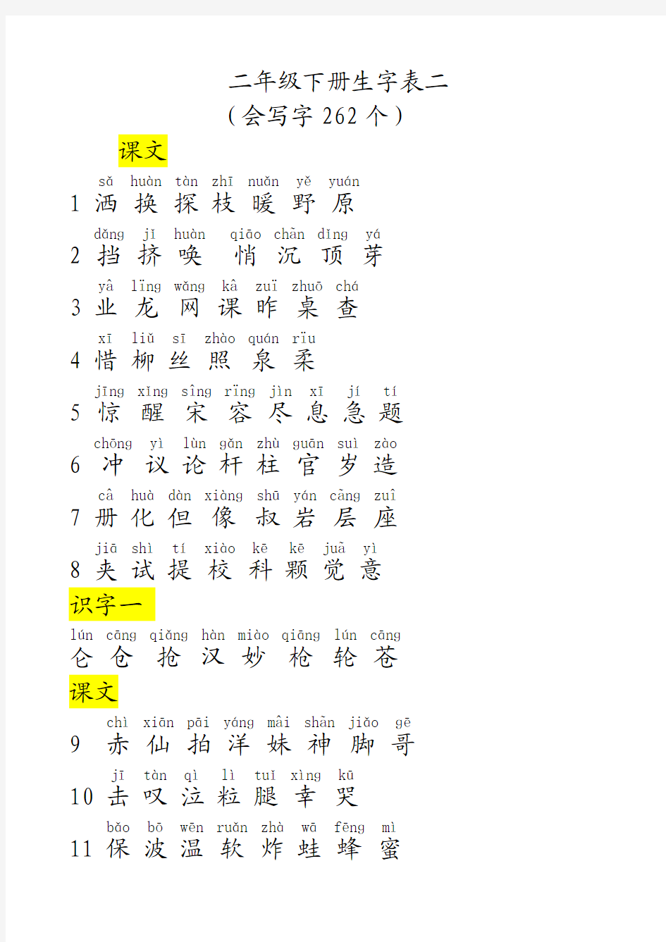 小学语文s版二年级下册生字表二(带拼音)