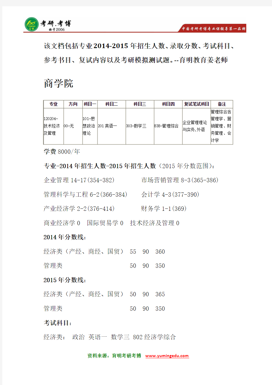 中国人民大学技术经济及管理考研参考书分数线科目