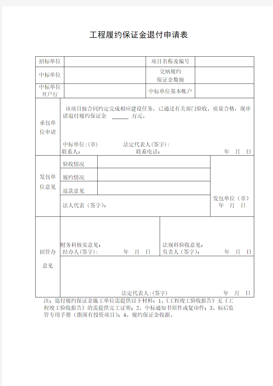 履约保证金退付申请表