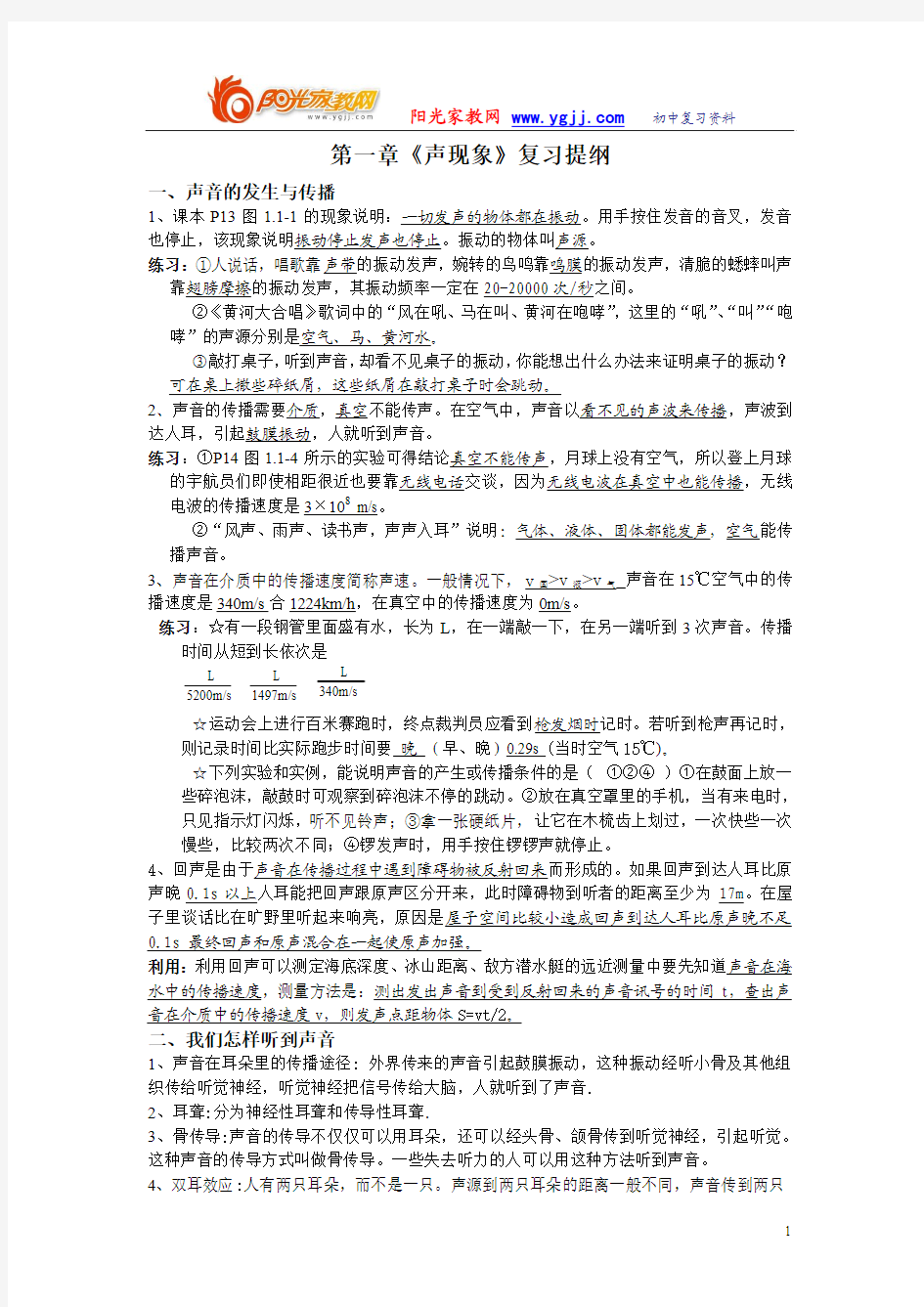 人教初中物理复习提纲完整版