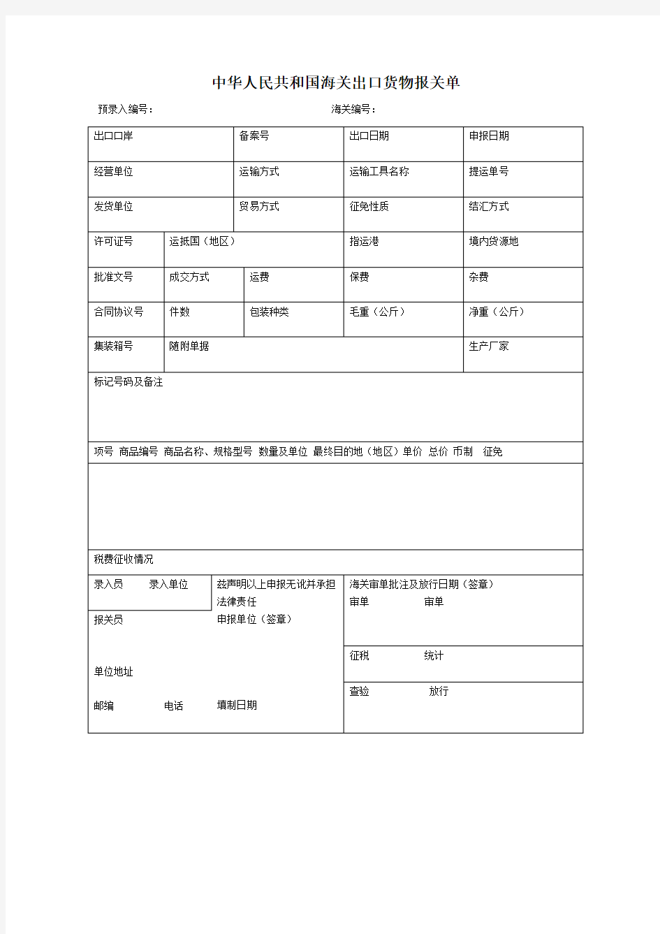 中华人民共和国海关出口货物报关单 空白单据