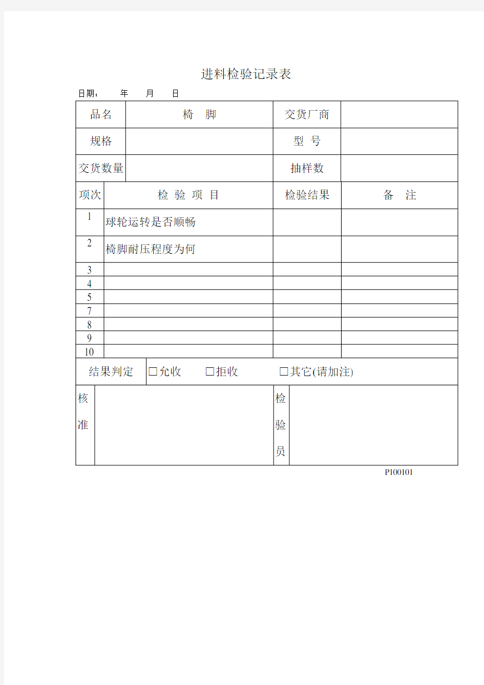 品质检验表格-进料检验记录表(一)