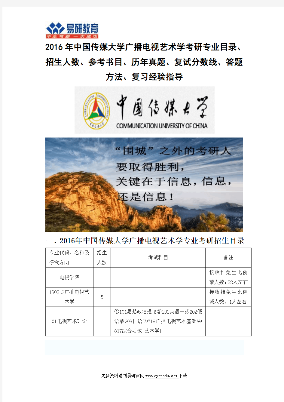 2016中国传媒大学广播电视艺术学(电视学院)考研专业目录招生人数参考书目历年真题复试分数线答题方法