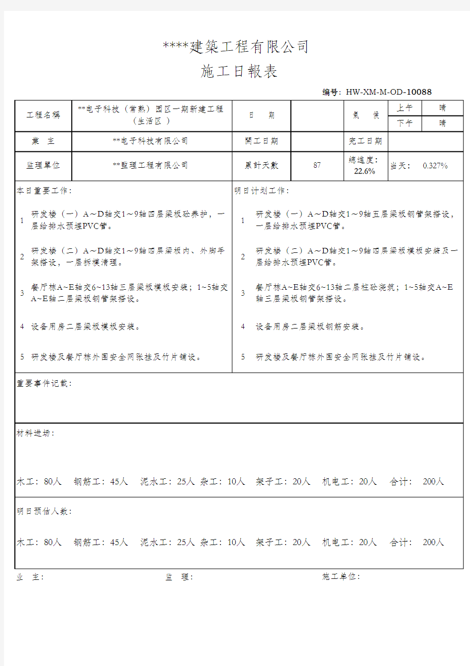 施工日报表范本