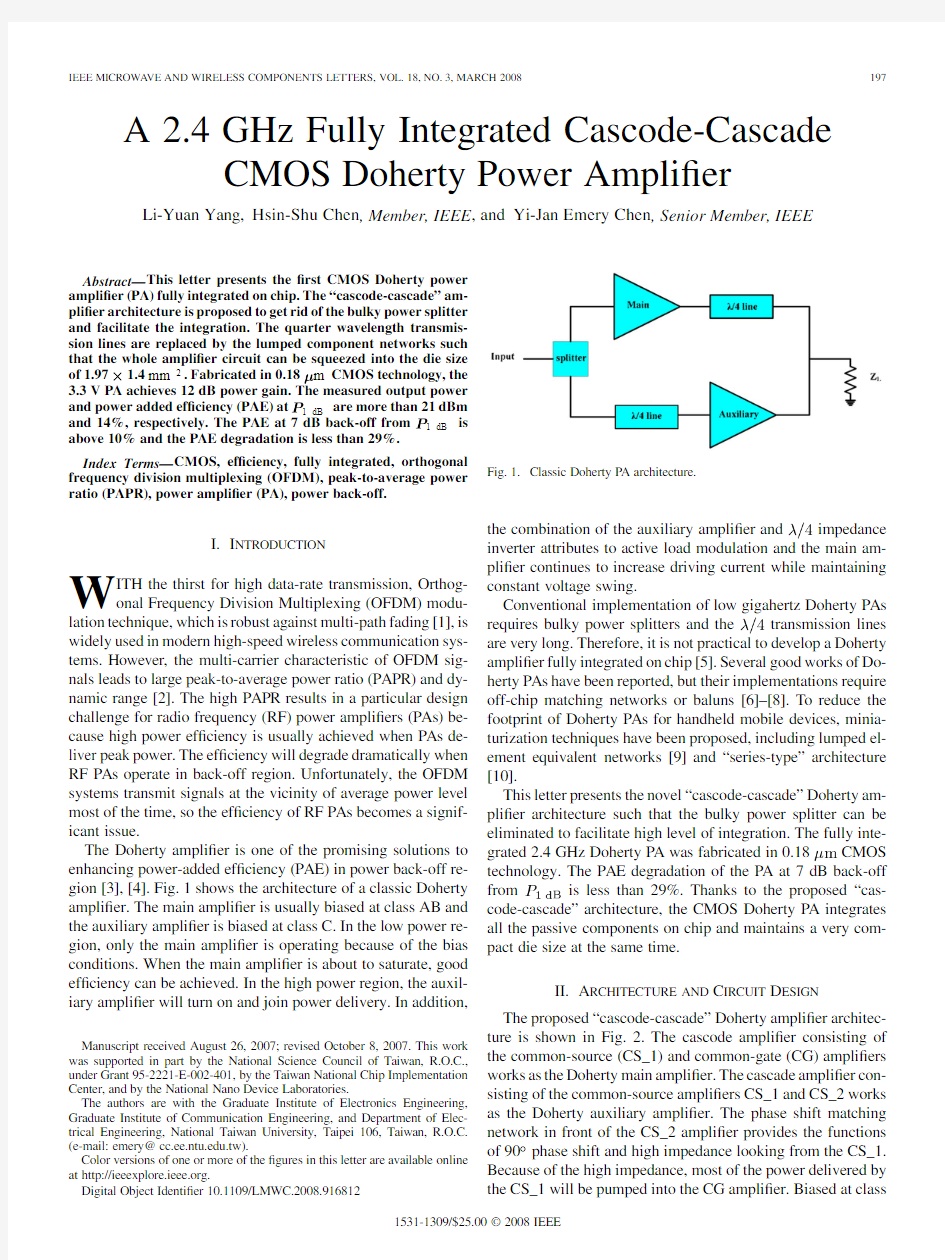 A 2.4 GHz Fully Integrated Cascode-Cascade CMOS Doherty Power Amplifier