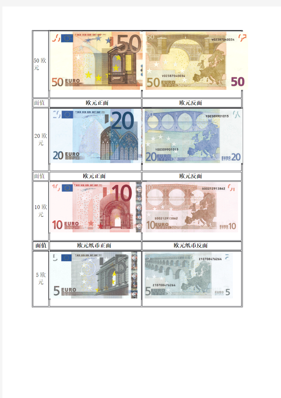 欧元纸币的正反面大图
