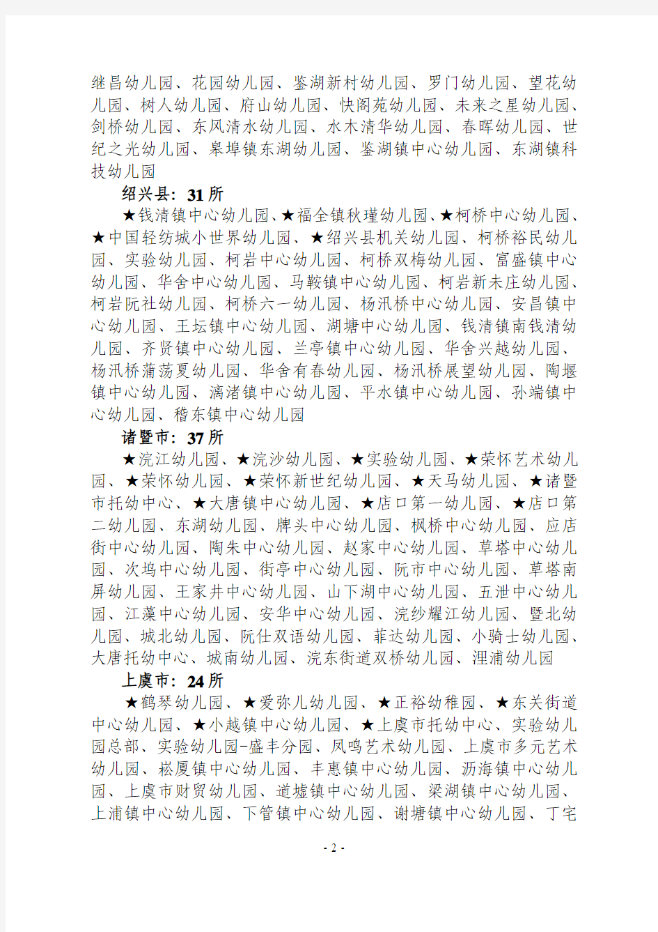 绍兴市教育局关于公布浙江省二级幼儿园名单的通知