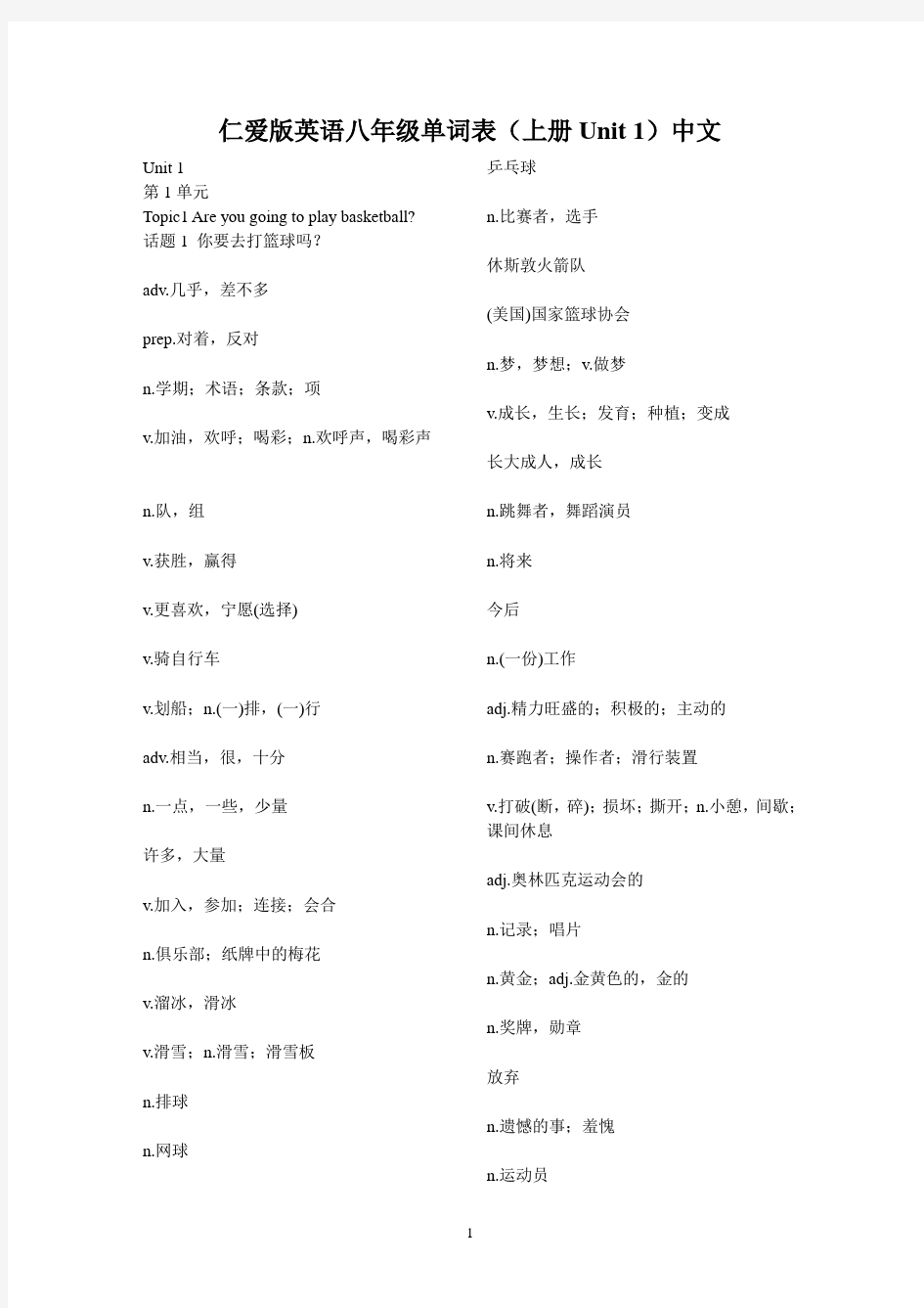 仁爱版英语八年级单词表(上册Unit1)中文