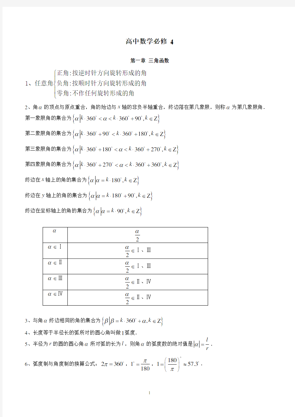 苏教版高中数学必修4知识梳理