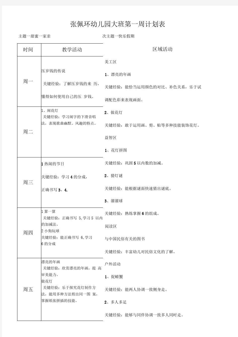 大班下学期周计划