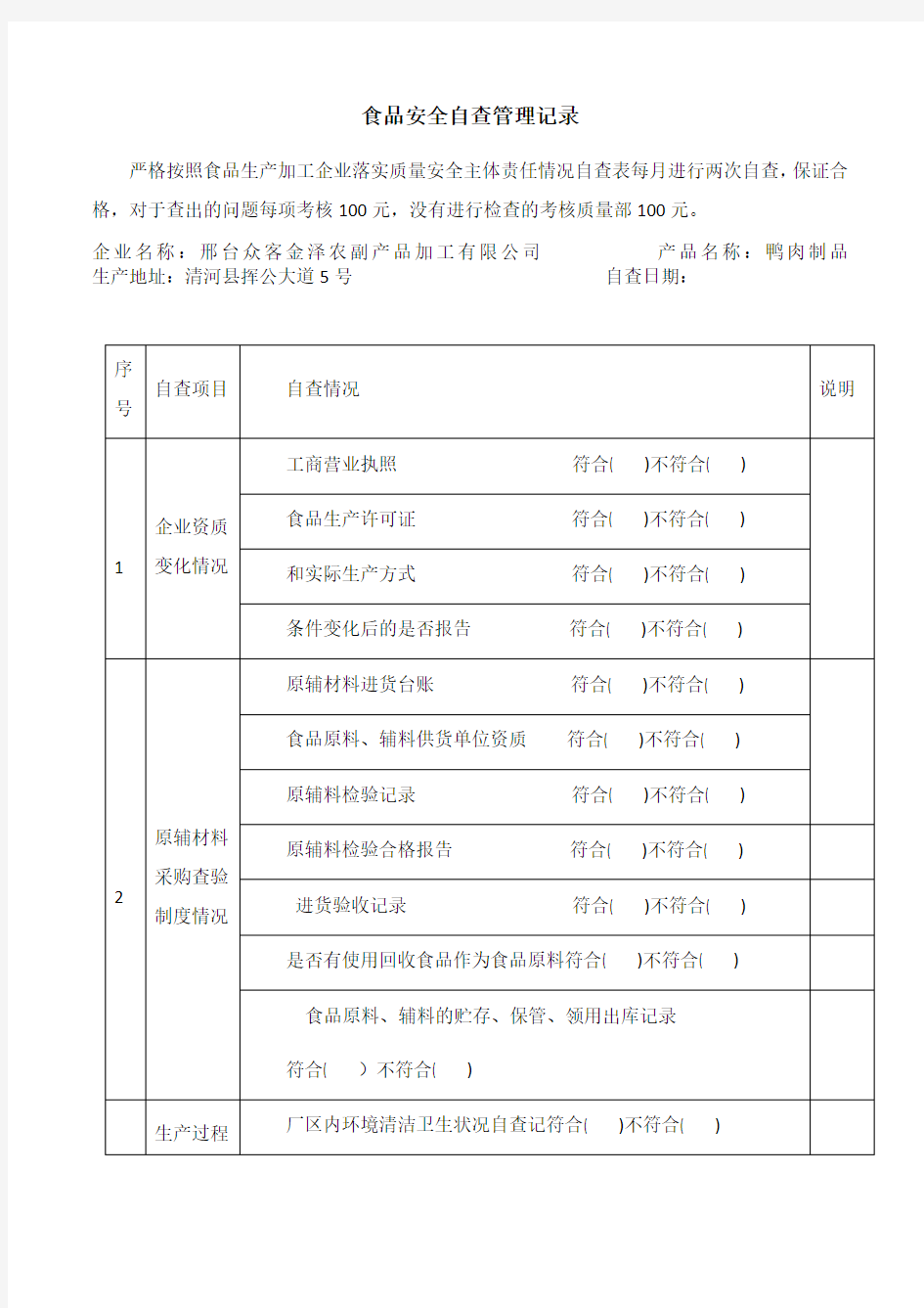 食品安全自查管理记录