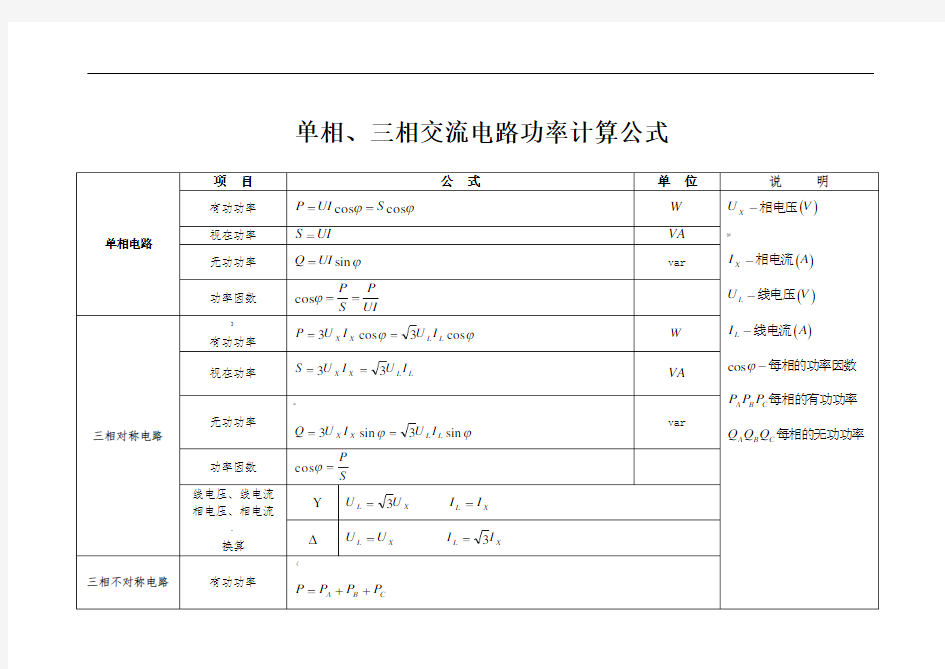 单相、三相交流电路功率计算公式