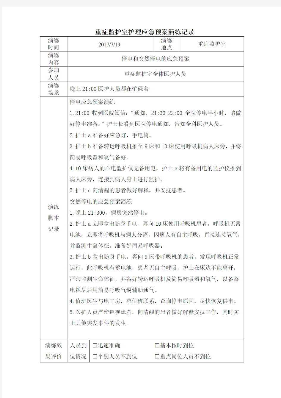 ICU停电和突然停电的应急预案演练