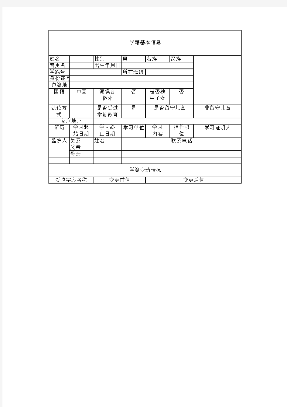 2017年全国中小学学籍表信息表