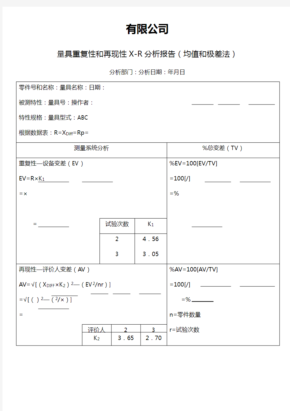 APQP量具重复性和再现性XR分析报告(均值和极差法)