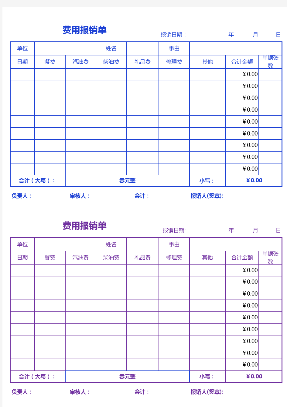 Excel表格模板：费用报销单(多种费用,大小写自动计算,2种风格)